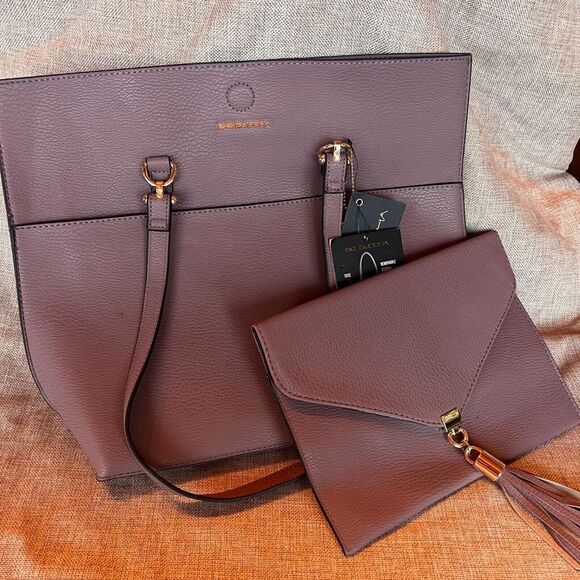 Big‎ Buddha Tote w/removeable Tassel Clutch NWT Mauve Lavender 15x13.5" Bag - Picture 9 of 12